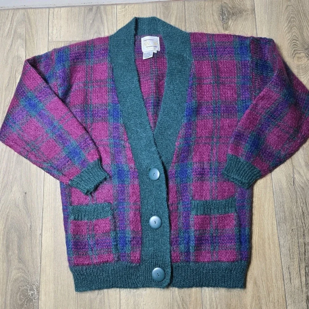 VTG Ninon Knit Sweater Oversized Small Acrylic Mohair Plum Green Blue‎ EUC